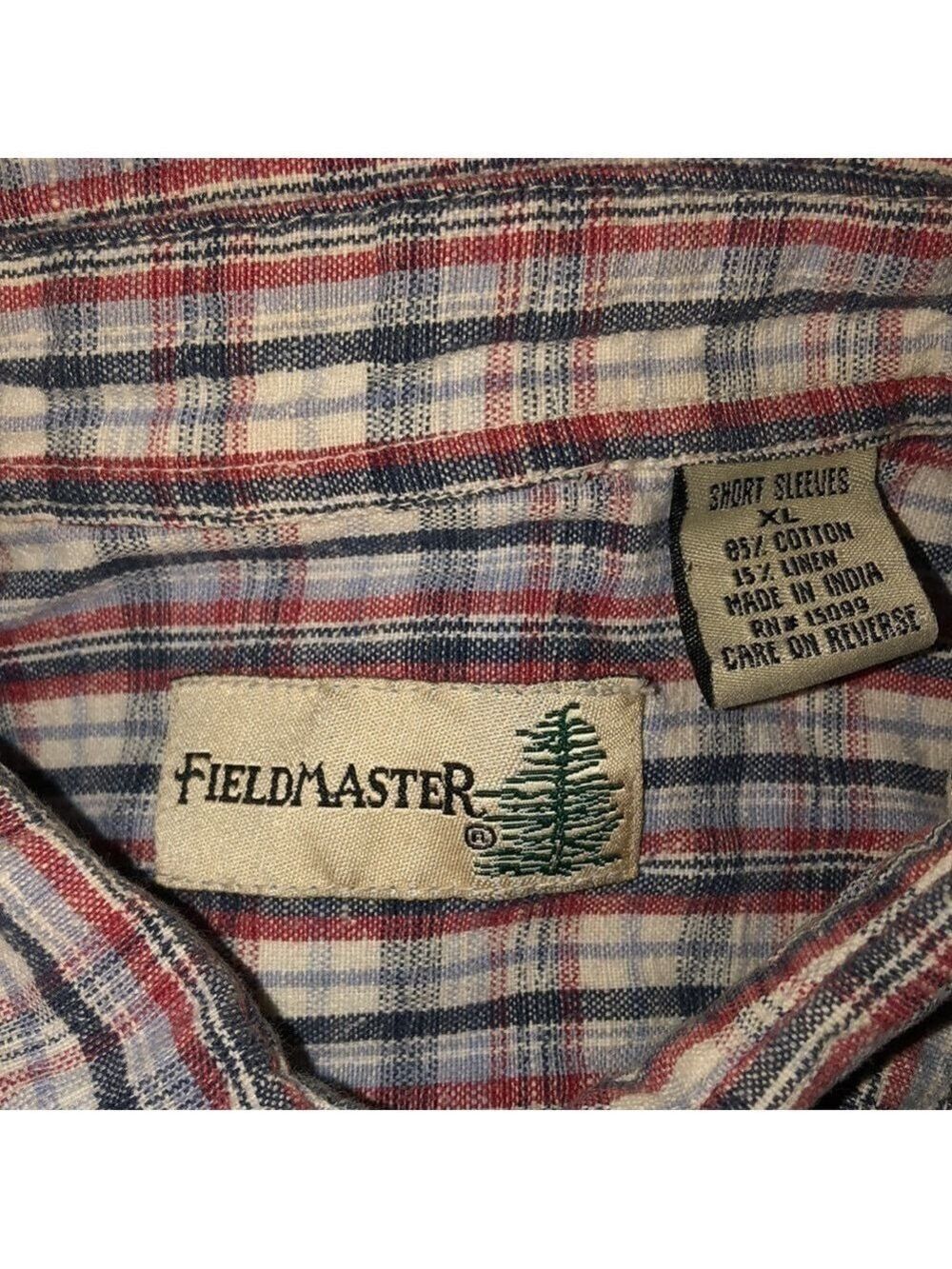 Vintage Fieldmaster Sears Men’s XL Plaid Linen Blend Short Sleeve Shirt - Picture 3 of 5